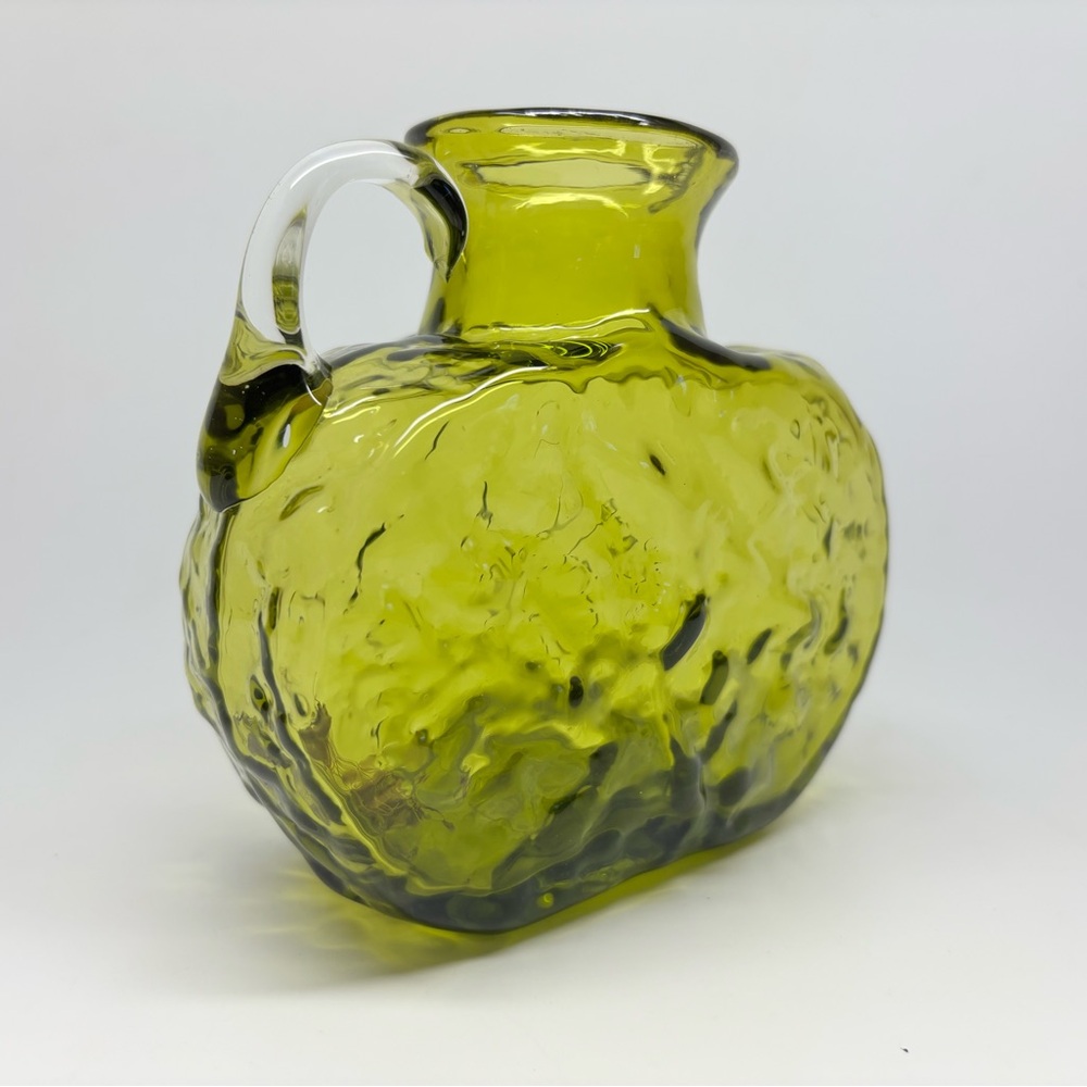 Vintage Pilgrim Art Glass Green Pitcher Vase Crinkle Glass 4”